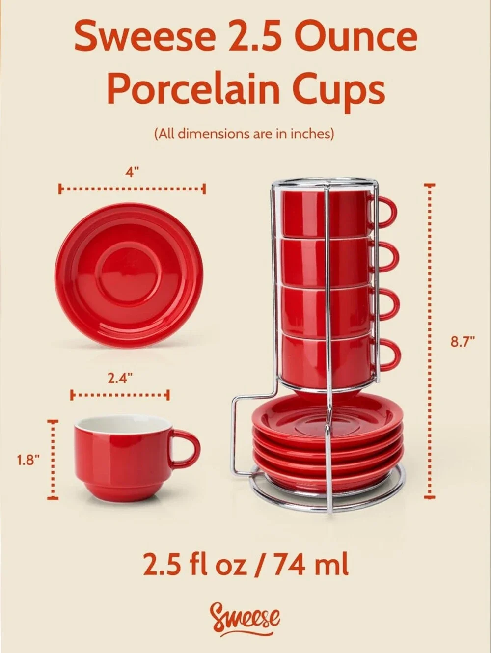 Red Espresso Ceramic Tea Cup and Saucer Set with Chrome Stand